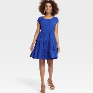 Knox Rose Women's Size Medium Blue Crinkle Gauze Tiered Cap Sleeve Mini Dress